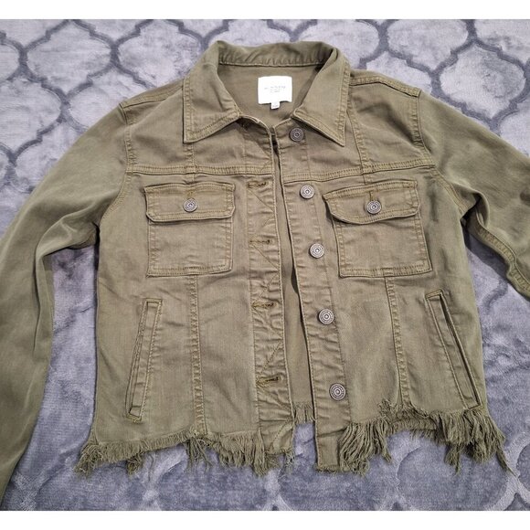 EUC Hidden Los Angeles Olive Green Distressed Cropped Denim Jacket With Raw Hem/ - Picture 6 of 9